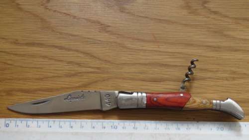 Superb Vintage `Laguiole` 440 Folding Knife With Corkscrew Two Tone Wood Handle L: 22 cm