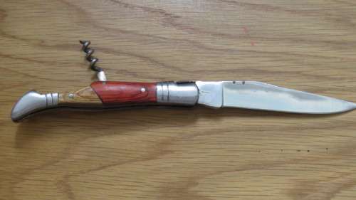 Superb Vintage `Laguiole` 440 Folding Knife With Corkscrew Two Tone Wood Handle L: 22 cm