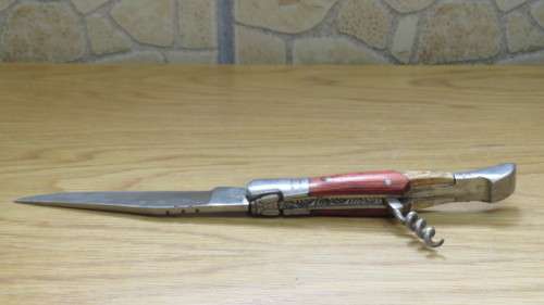 Superb Vintage `Laguiole` 440 Folding Knife With Corkscrew Two Tone Wood Handle L: 22 cm