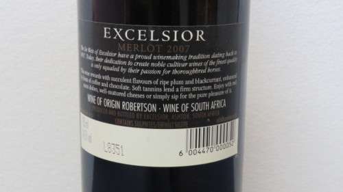 Sealed 750ml Bottle of 2007 Excelsior Merlot