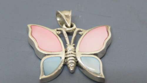 Vintage Sterling Silver Colour Mother of Pearl Butterfly Pendant and Round Stud Earrings 7.6 g