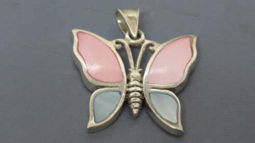 Vintage Sterling Silver Colour Mother of Pearl Butterfly Pendant and Round Stud Earrings 7.6 g