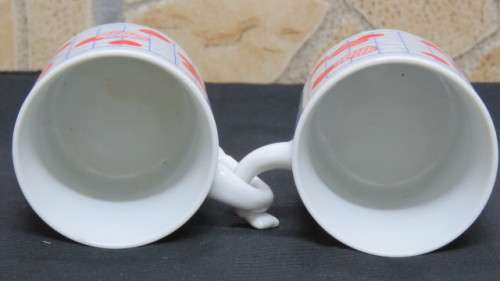 Lovely Vintage Set of Two `I Love You` Porcelain Mugs Handles Interlink Made in Japan H: 6,3 cm