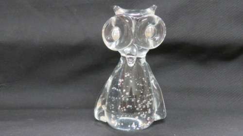 Lovely Vintage Clear Glass Owl Paperweight Control Bubbles Large Eyes H: 11 cm