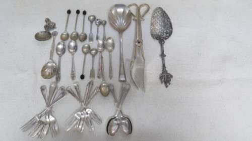 Collection of Thirty Three Silver Plated Teaspoons, Forks, Serving Spoons Details in Description