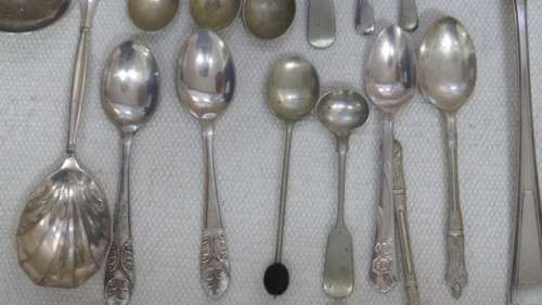 Collection of Thirty Three Silver Plated Teaspoons, Forks, Serving Spoons Details in Description