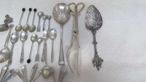 Collection of Thirty Three Silver Plated Teaspoons, Forks, Serving Spoons Details in Description