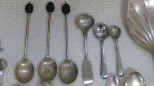 Collection of Thirty Three Silver Plated Teaspoons, Forks, Serving Spoons Details in Description