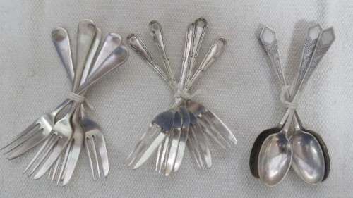 Collection of Thirty Three Silver Plated Teaspoons, Forks, Serving Spoons Details in Description