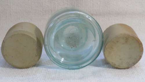 Stunning Vintage Glass Jar/Two Stoneware `Pork Pie` Short Style Ink Pots