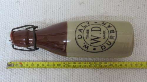 Two Vintage W. Daly Durban Stoneware Ginger Beer Bottles With Stoppers L: 23 cm