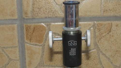 Vintage SNS Mini Microscope 50X 100X 200X 300X in Wooden Box Made in Japan 19 x 6,5 cm SOLD AS IS