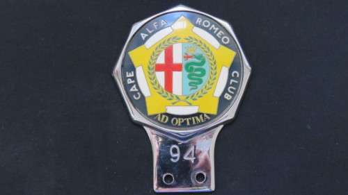 Superb Vintage Alfa Romeo Cape Club `Ad Optima` Chrome/Enamel Car Badge No 94 9 x 12 cm