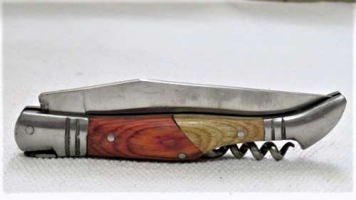 Wonderful Vintage `Laguiole` 440 Folding Knife With Corkscew Two Tone Wood Handle L: 22 cm