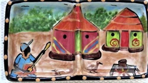 Lovely Vintage Nivek Africa Zimbabwe Handpainted Small Pottery 2 Division Dish Signed 11 x 6 cm