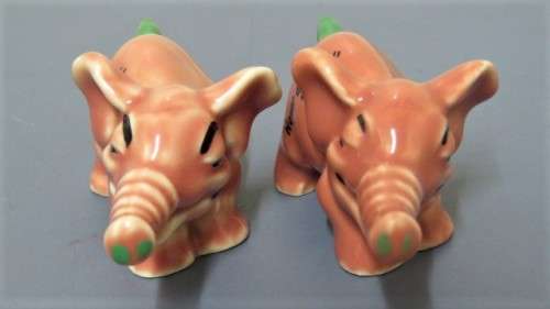 Vintage 1956-61 Wade (Ulster) Shamrock Pottery `Never Again!` & `Oh, My Head!` Small Pink Elephants