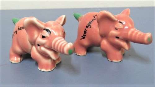 Vintage 1956-61 Wade (Ulster) Shamrock Pottery `Never Again!` & `Oh, My Head!` Small Pink Elephants