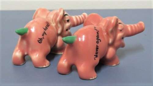 Vintage 1956-61 Wade (Ulster) Shamrock Pottery `Never Again!` & `Oh, My Head!` Small Pink Elephants