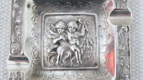 Antique German .800 Silver Square Ashtray Openwork Border Square Cartouche 70 x 70 mm (28 g)