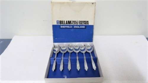 Boxed Set of Six Vintage Billam Sheffield England Triple Chromium Plated Apostle Teaspoons