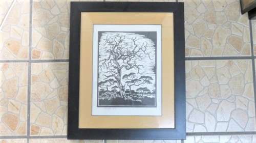 Framed SA Artist Gregoire Boonzaier (1909 - 2005) `Bushveld` Linocut Signed & Dated 47 x 56,5 cm