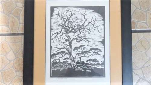 Framed SA Artist Gregoire Boonzaier (1909 - 2005) `Bushveld` Linocut Signed & Dated 47 x 56,5 cm