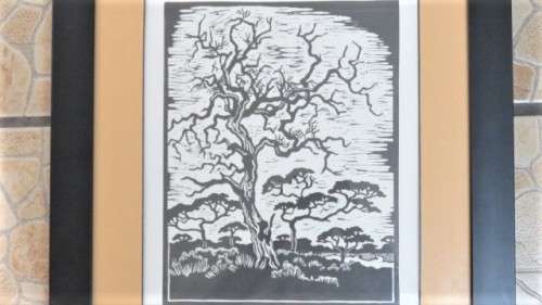Framed SA Artist Gregoire Boonzaier (1909 - 2005) `Bushveld` Linocut Signed & Dated 47 x 56,5 cm