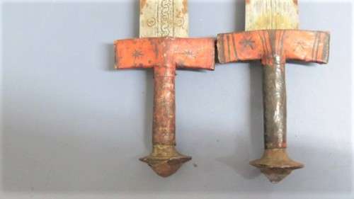 Two Vintage Handmade Saharan Taureg Takouba Swords With Leather Scabbards SOLD AS IS 92 cm