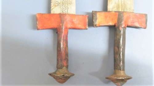 Two Vintage Handmade Saharan Taureg Takouba Swords With Leather Scabbards SOLD AS IS 92 cm