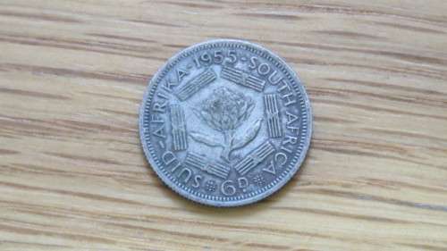 Union of South Africa Silver (.500) 1955 Sixpence Coin (2.8 g)