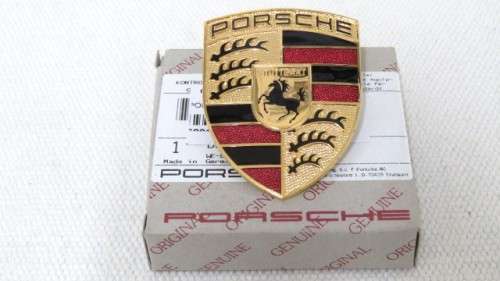 Superb Boxed Vintage Porsche Hood Metal/Enamel Decal Badge Made By Deumer, Germany 69 x 50 mm