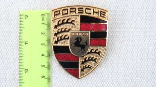 Superb Boxed Vintage Porsche Hood Metal/Enamel Decal Badge Made By Deumer, Germany 69 x 50 mm