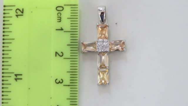 Vintage Sterling Silver 925 Cross Pendant Rectangular Cut Peach Stones/Clear Round Stones (2.8 g)