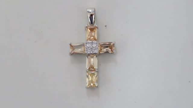 Vintage Sterling Silver 925 Cross Pendant Rectangular Cut Peach Stones/Clear Round Stones (2.8 g)