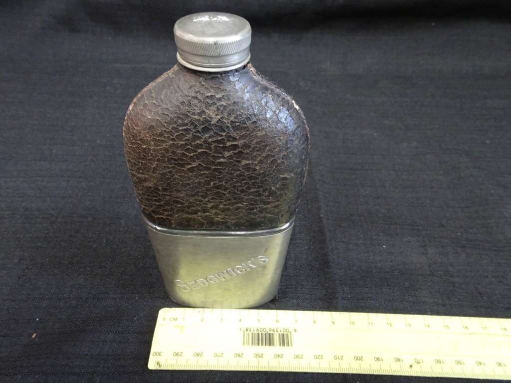 Sedgwicks Antique Leather and Siver plate Glass Flask Medical Reserve Old - Matured Brandy
