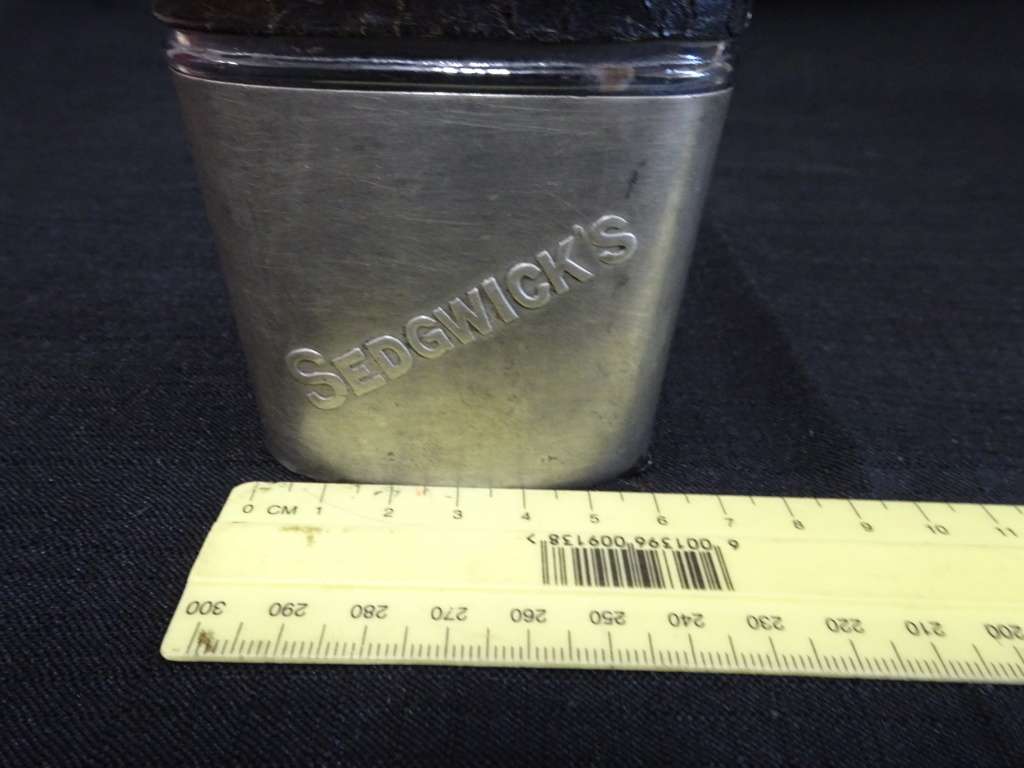 Sedgwicks Antique Leather and Siver plate Glass Flask Medical Reserve Old - Matured Brandy
