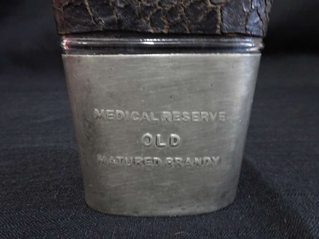 Sedgwicks Antique Leather and Siver plate Glass Flask Medical Reserve Old - Matured Brandy
