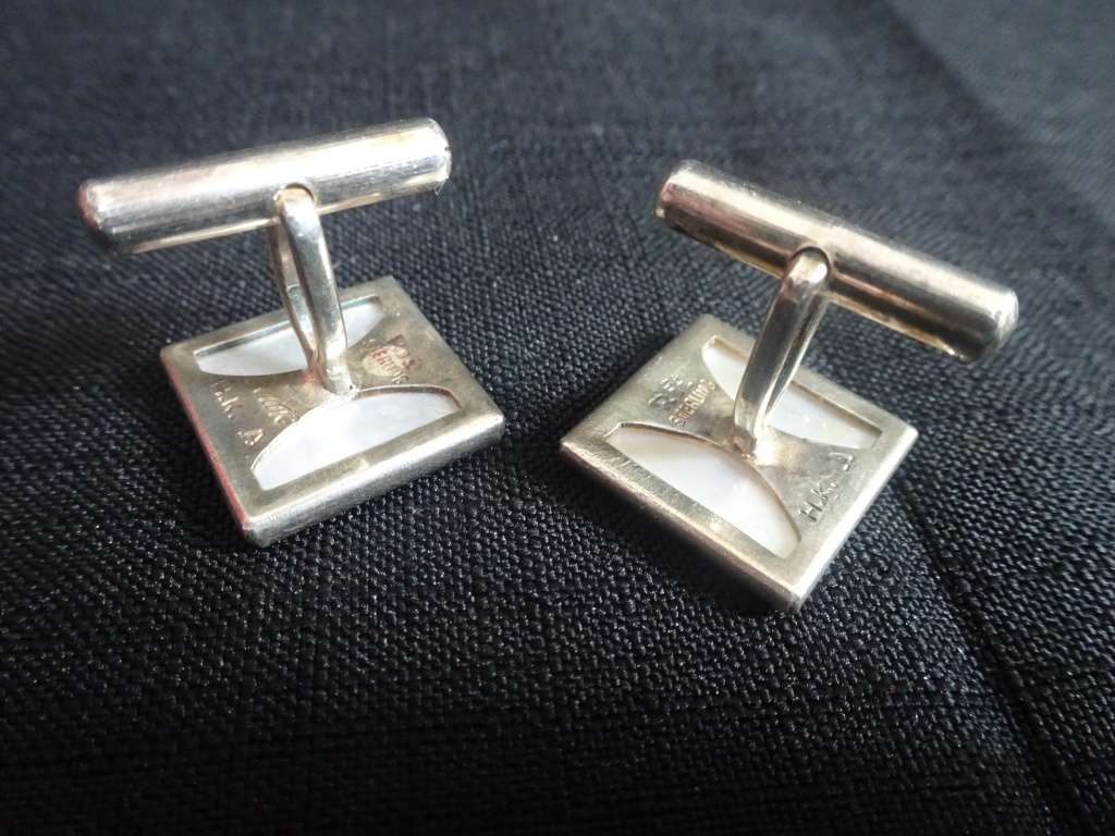 Hong Kong Sterling Silver Cufflinks with White Mother of Pearl Inlay Symbols for Luck and Longevity