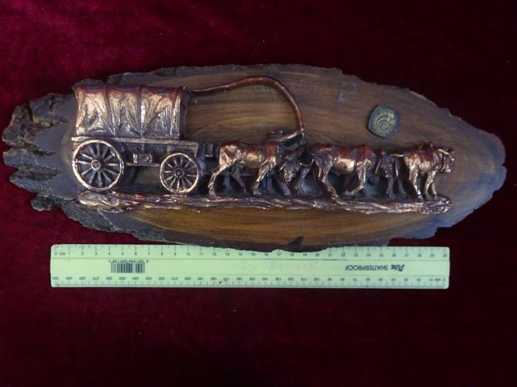 Vintage Copper Art 3D Western Covered Wagon Picture On Carved Wood (See My Description)