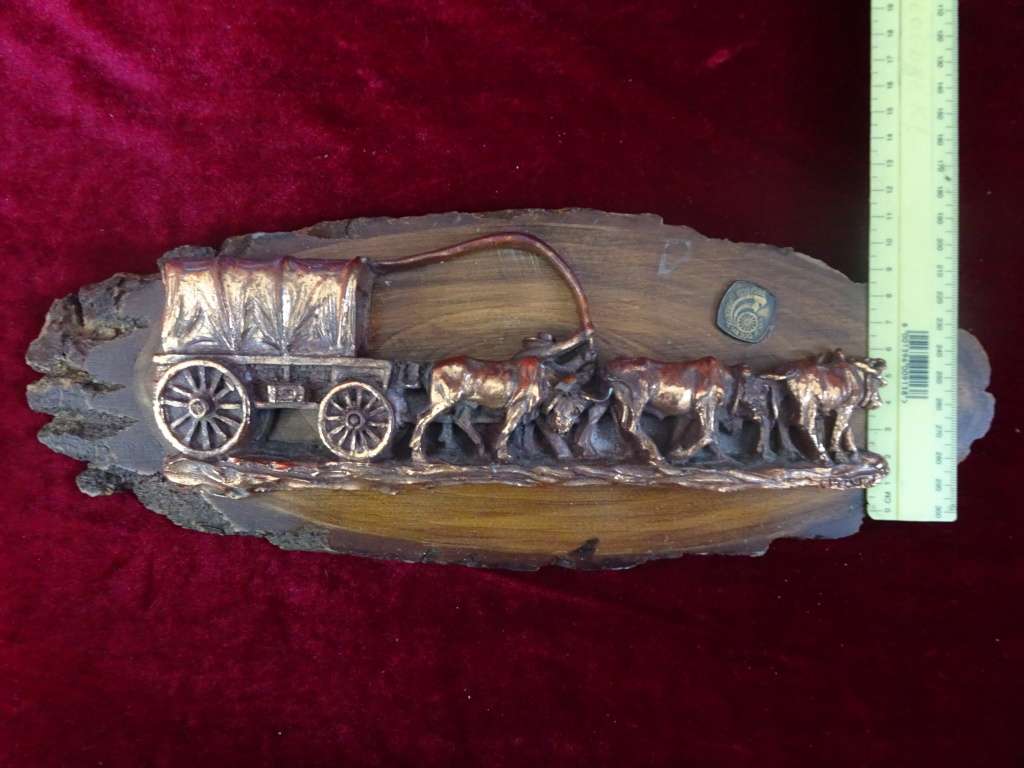 Vintage Copper Art 3D Western Covered Wagon Picture On Carved Wood (See My Description)