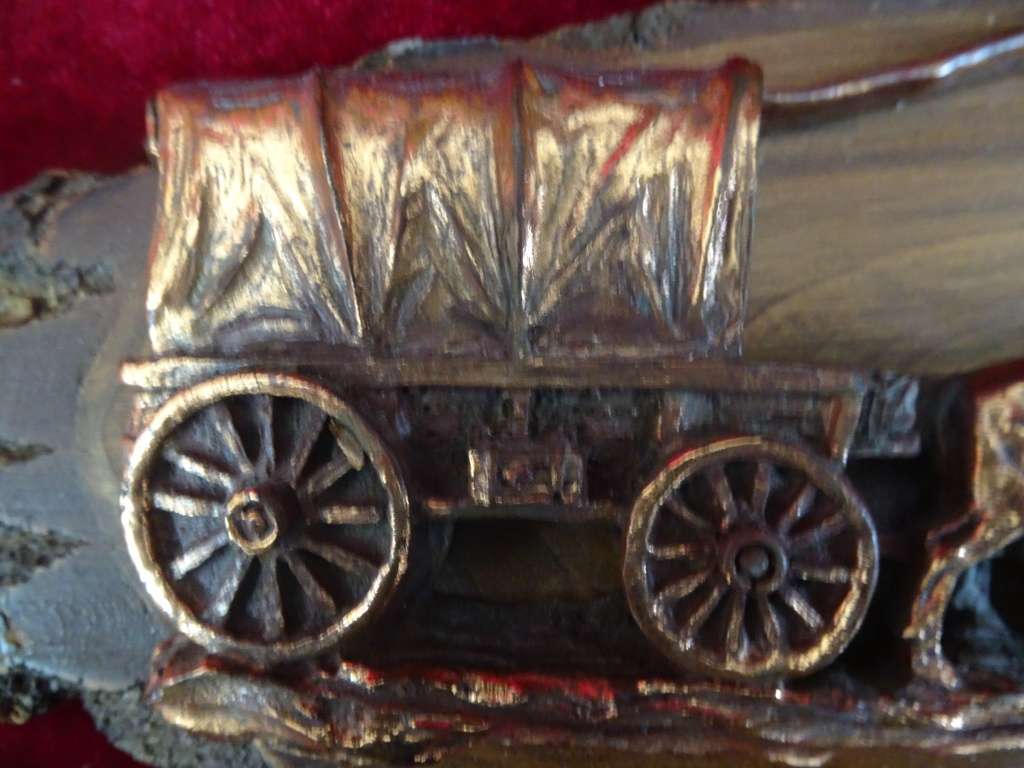 Vintage Copper Art 3D Western Covered Wagon Picture On Carved Wood (See My Description)