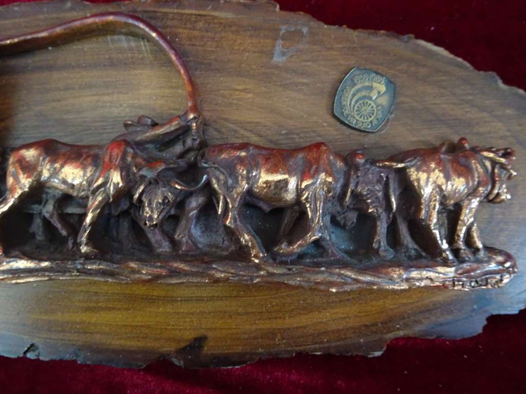 Vintage Copper Art 3D Western Covered Wagon Picture On Carved Wood (See My Description)