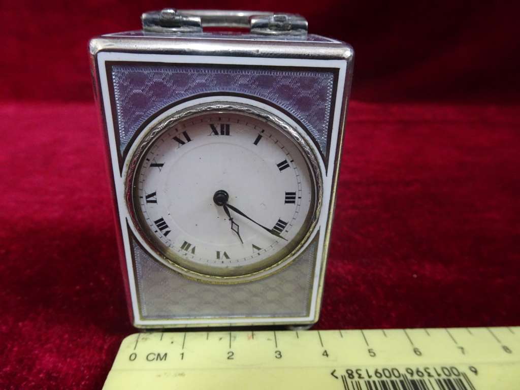 Lovely Sterling Silver And Enamel Miniature Carriage Clock With Guilloché Enamel And Roman Numerals