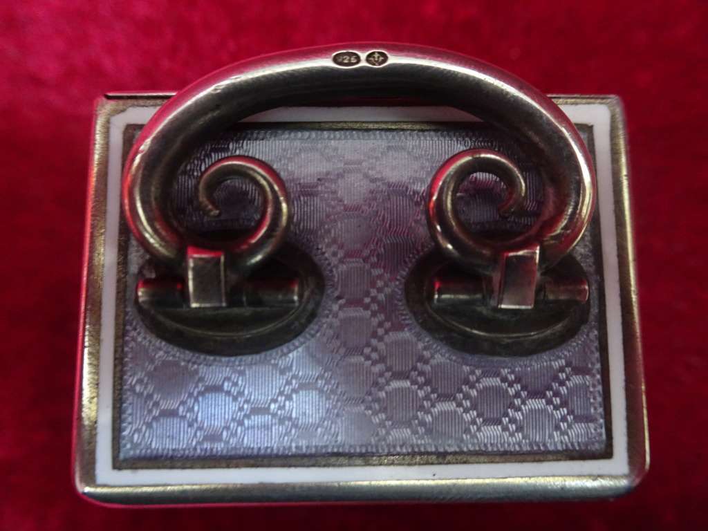 Lovely Sterling Silver And Enamel Miniature Carriage Clock With Guilloché Enamel And Roman Numerals