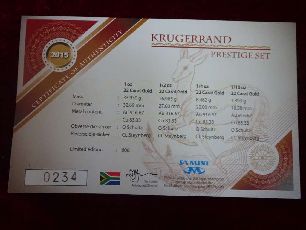 Stunning 2015 Prestige Set Krugerrand (Set Number 234) - In Original Box