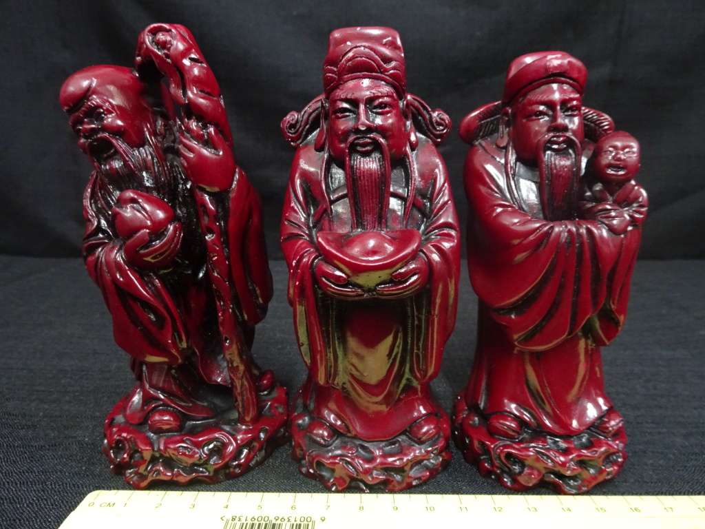 Vintage Red Resin Chinese God Figures Fu Lu Shou / Wise Men - Set Of 3 - See My Description