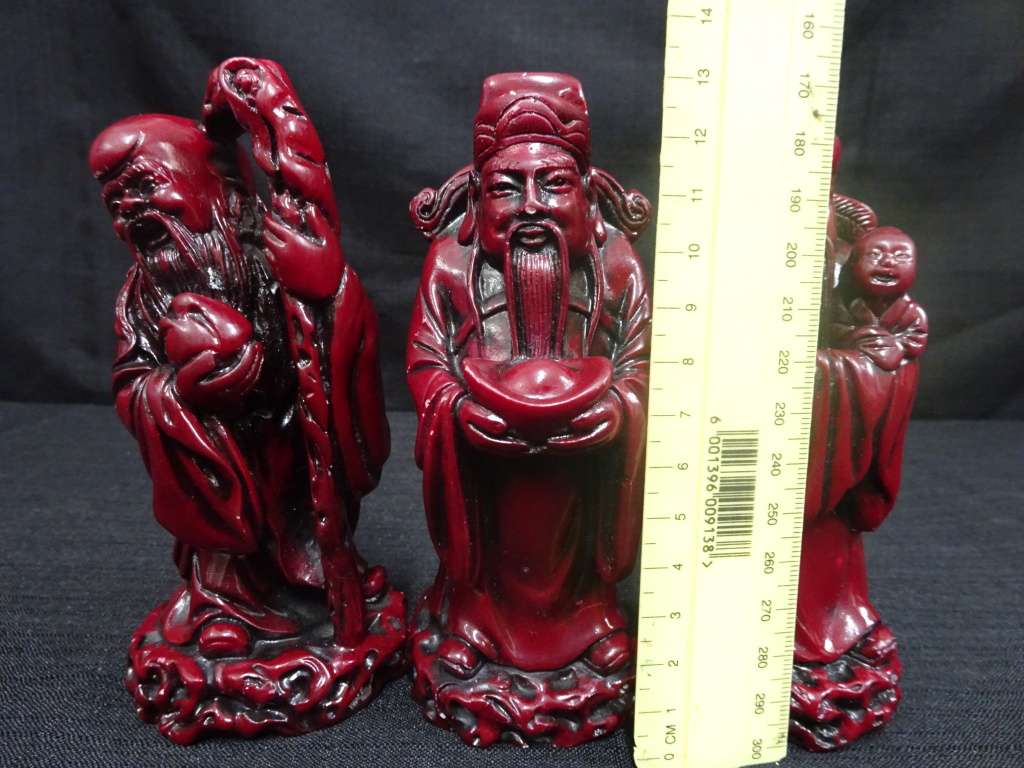 Vintage Red Resin Chinese God Figures Fu Lu Shou / Wise Men - Set Of 3 - See My Description