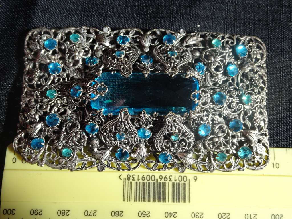 Stunning Vintage Metal Czechoslovakia Brooch With Blue Stones Hallmark `377` - Great Condition