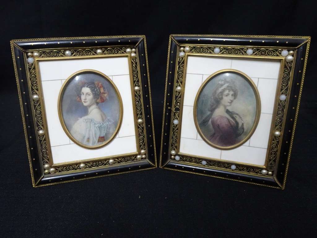Antique Set Of Two Miniature 19th Century Signed Portrait Paintings In Ornate Frame-See Description
