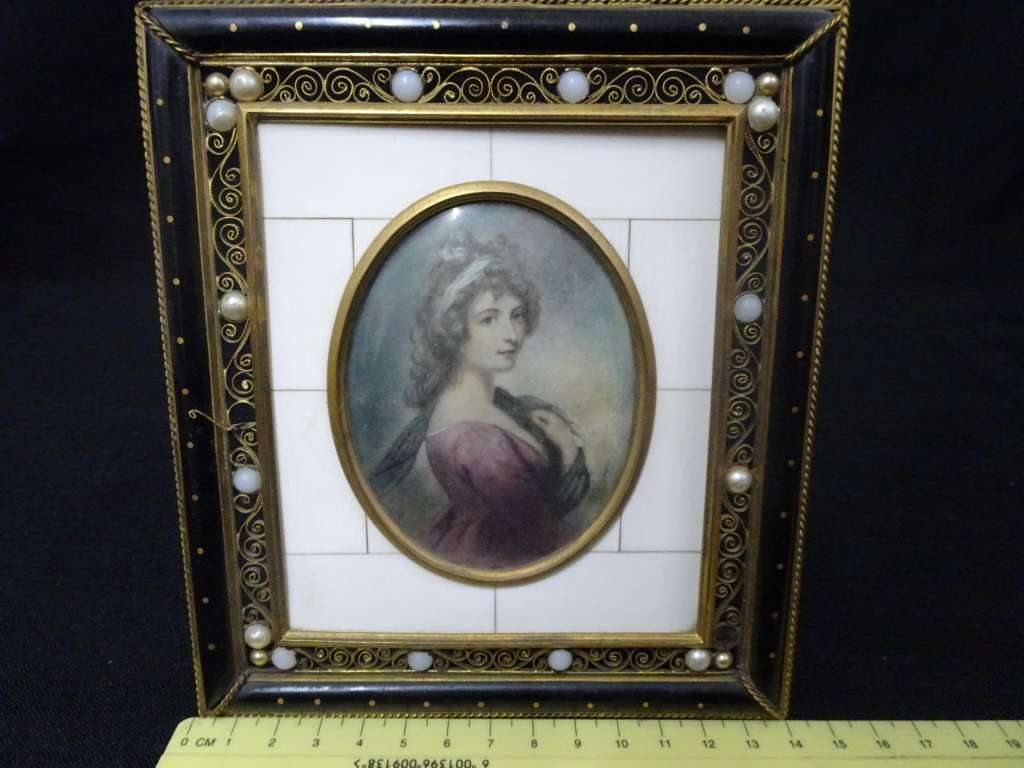 Antique Set Of Two Miniature 19th Century Signed Portrait Paintings In Ornate Frame-See Description